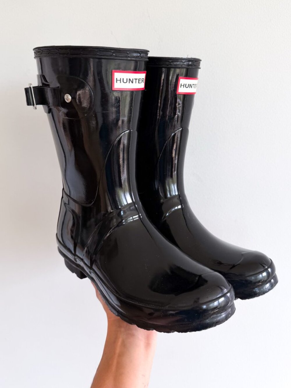 Hunter Original Short Gloss Wellington Pull On Rain Boots Black 7
